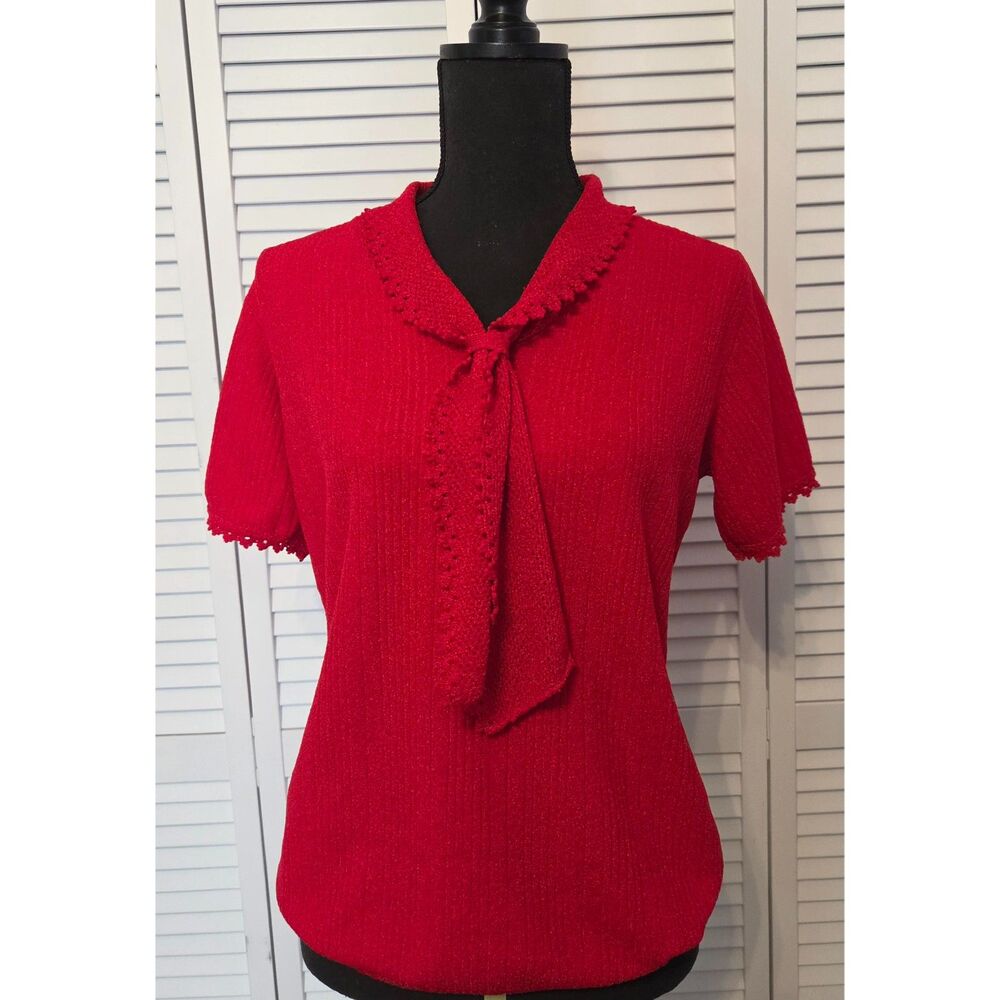 Vintage Keneth Knits Red Ribbed Knit Sweater with Crochet Tie Collar